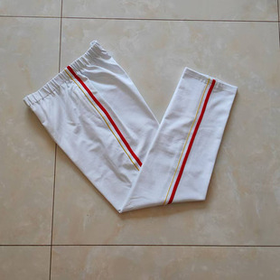 纯白色黄色线牙子加红色针织条儿童中小学生加绒运动休闲校服裤子