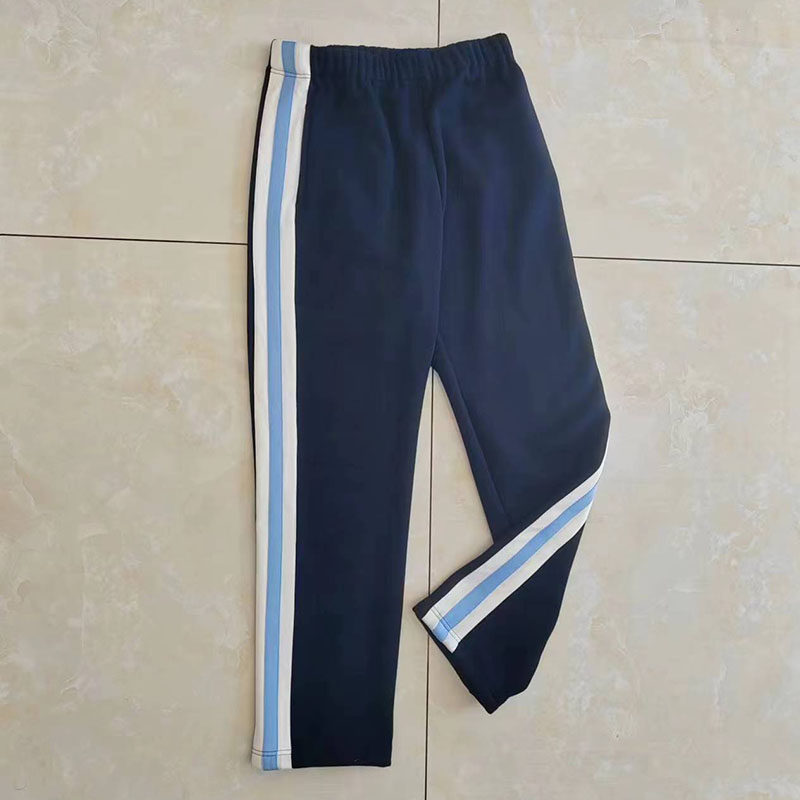 藏蓝色宽六厘米白条加两厘米浅天蓝条运动校服裤子中小学生秋加绒