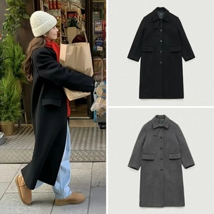 在途 韩国代购the barnnet八奶复古翻领单排扣显瘦羊毛呢长款大衣