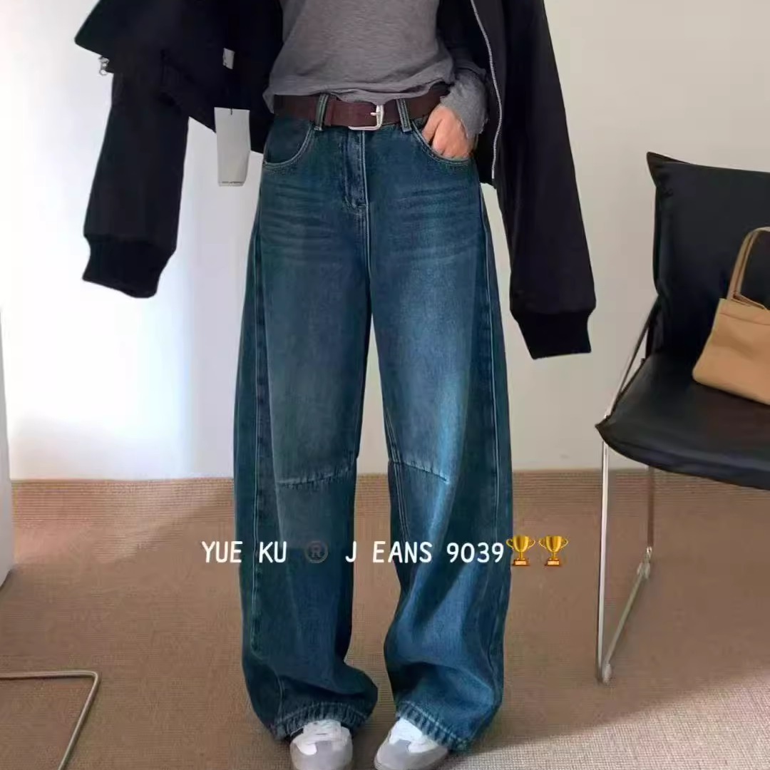 2025新款复古高腰阔腿弯刀牛仔裤