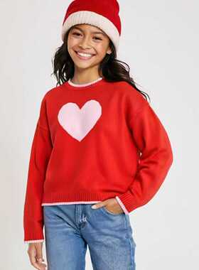 D1303 百搭女童保暖舒适爱心款针织衫毛衣圆领长袖套头舒适中大童