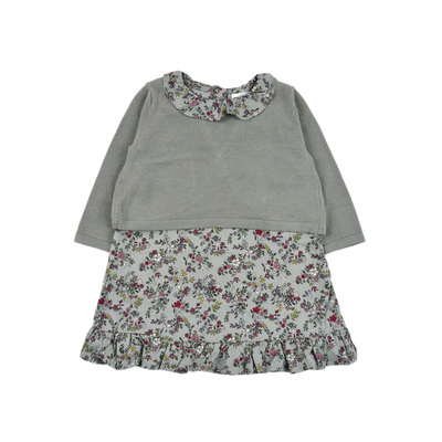 A2393 全棉舒适百搭女童婴幼儿宝宝小童圆领长袖开衫连衣裙套装