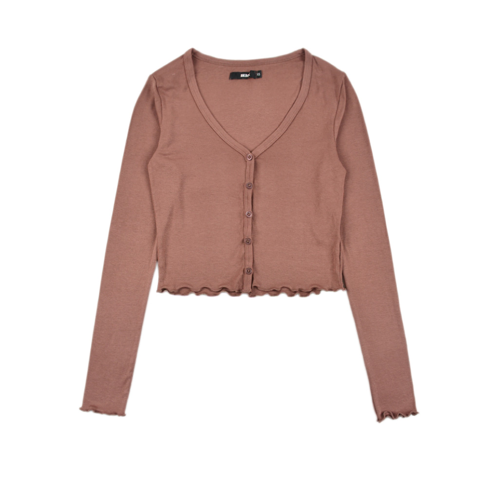 A2116 四色 纯色花边女款舒适柔软时尚V领长袖开衫春秋季休闲薄款