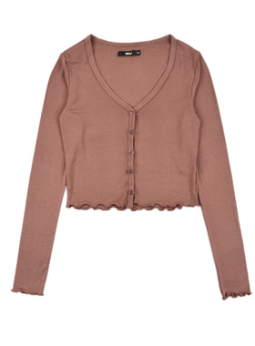 A2116 四色 纯色花边女款舒适柔软时尚V领长袖开衫春秋季休闲薄款