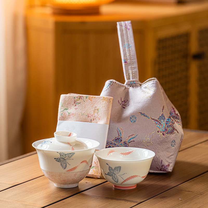 一人茶出差旅行便携茶具套装户外功夫茶具手绘泡茶盖碗品茗杯子