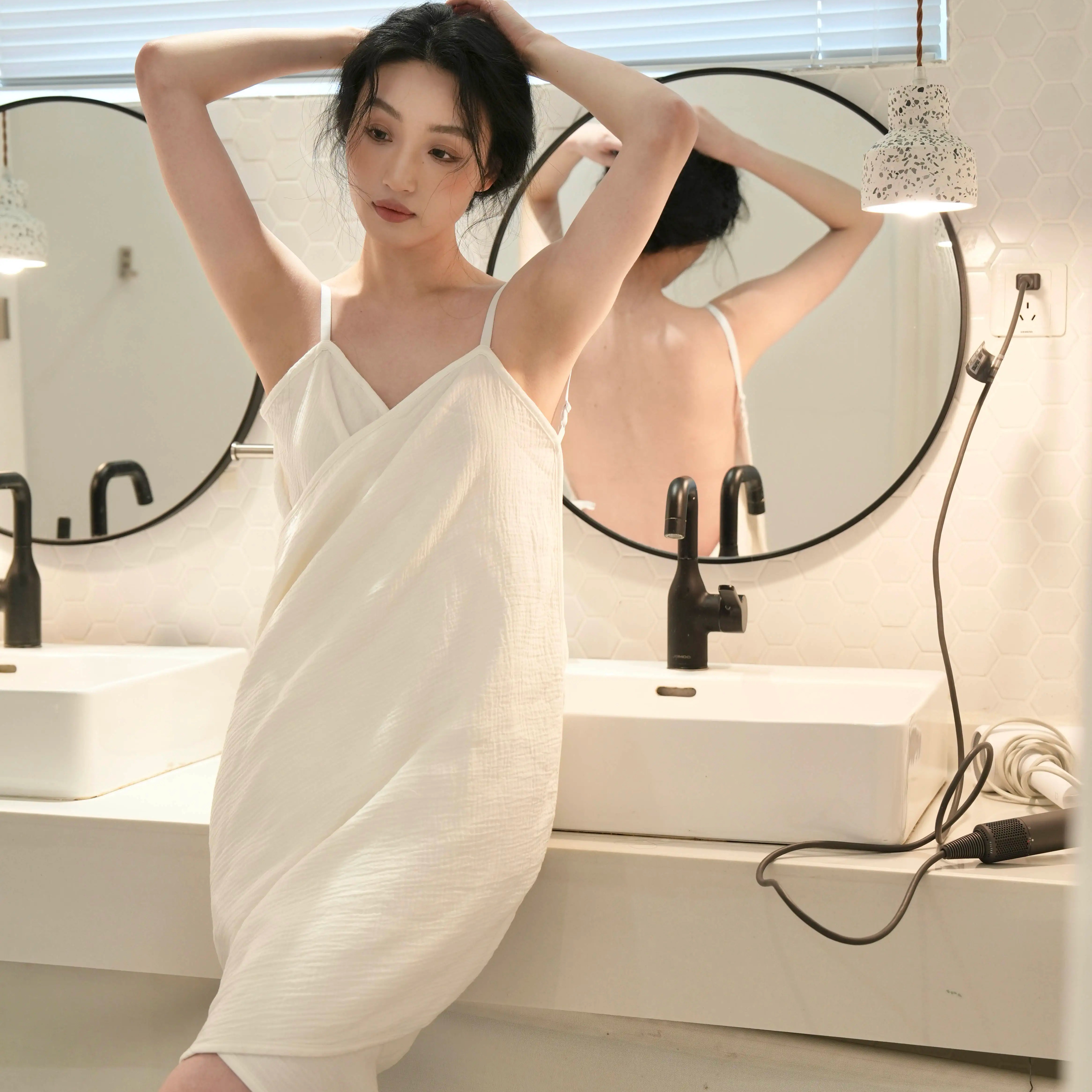 法式四层浴巾裙皱棉纱睡衣高级感穿戴式吊带浴巾浴裙露背吸水睡裙