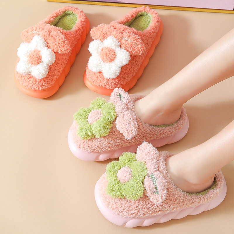 棉拖鞋女厚底室内网红可爱卡通花朵居家学生毛拖鞋冬保暖防滑外穿