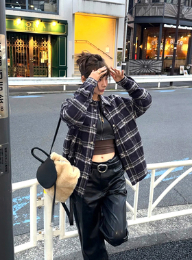 (现货)自主WorkDog羊羔毛绒925银扣法兰绒格纹衬衫外套夹克女男