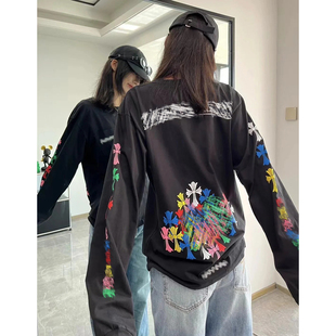 (现货)自主彩虹色十字架花臂梵文卷轴长袖T恤女男 黑色/白色 宽松
