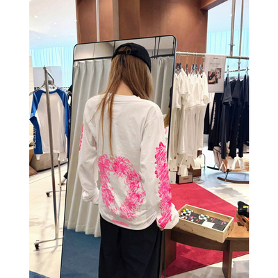 (现货)自主25新款粉色马蹄花臂长袖T恤女男宽松辣妹 白色/黑粉