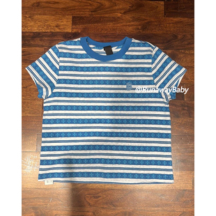 T恤女辣妹 自主高端条纹提花十字架刺绣蓝色绿色针织短袖 现货