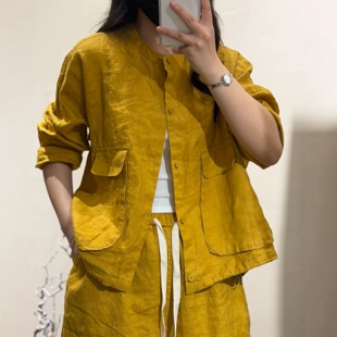 女夏季 欧版 时尚 亚麻风宽松立领口袋衬衫 黄色休闲上衣 大口袋长袖