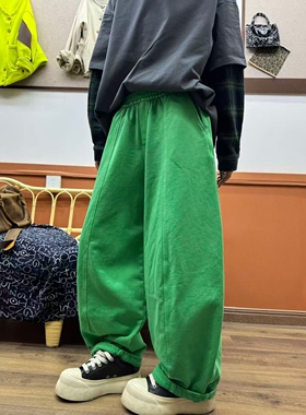 欧版时尚慵懒风绿色宽松弯刀裤女高腰阔腿裤百搭显瘦休闲裤长裤