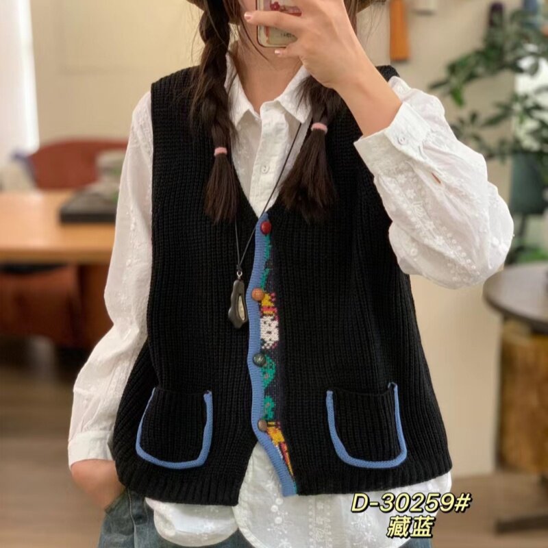 时尚棉线针织马甲复古单排扣