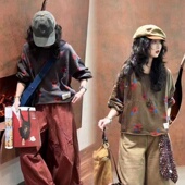 长袖 欧版 上衣 新款 宽松圆领宽松印花蝙蝠衫 时尚 毛圈卫衣女2025秋季