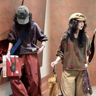 时尚 长袖 毛圈卫衣女2025秋季 宽松圆领宽松印花蝙蝠衫 上衣 新款 欧版