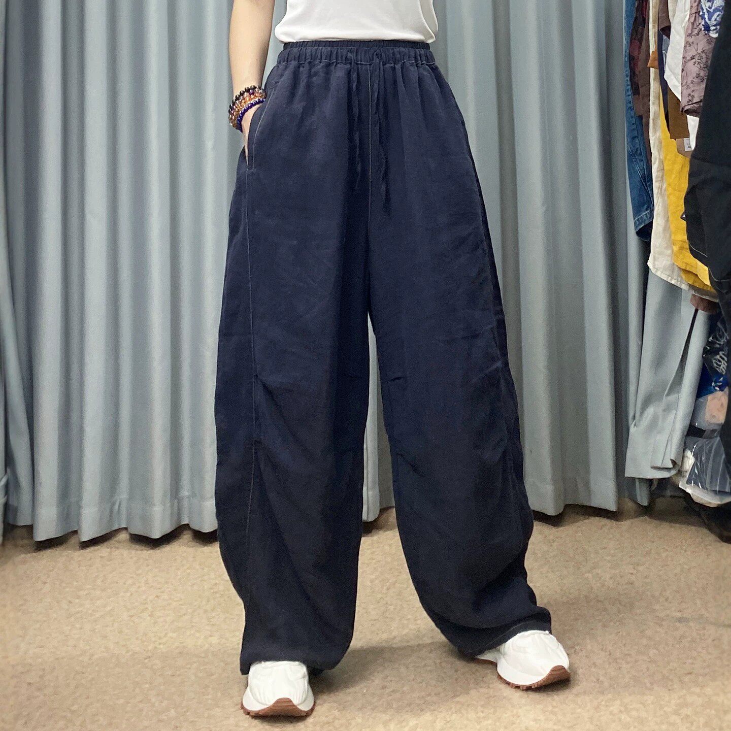 欧版时尚亚麻休闲裤女夏季明线装饰阔脚慵懒透气大长腿弯刀裤长裤