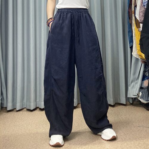 夏季宽松透气大长腿亚麻弯刀裤女