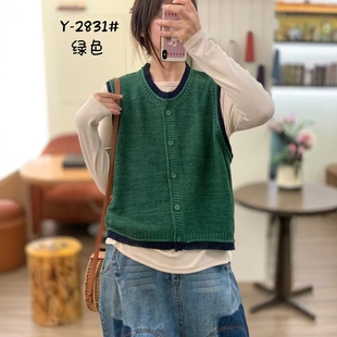 韩版拼色针织马甲女无袖叠穿时尚背心绿色单排扣圆领百搭休闲坎肩