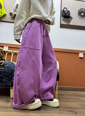 欧版时尚慵懒风紫色弯刀裤女宽松阔腿裤百搭洋气减龄休闲裤长裤