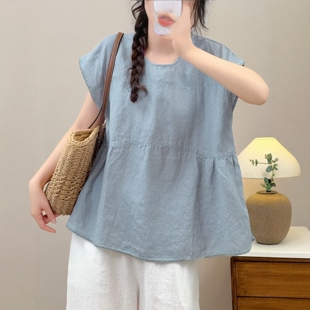 宽松百搭圆领娃娃衫 文艺复古亚麻短袖 新款 女2026夏季 上衣 衬衫
