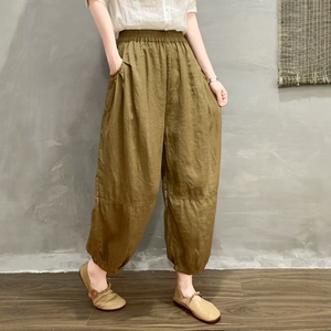 高品质亚麻休闲裤2025夏季新款松紧腰显瘦透气时尚九分麻裤灯笼裤