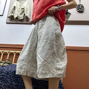 欧版时尚亚麻六分裤女2026夏季新款高腰宽松阔脚透气百搭慵懒短裤