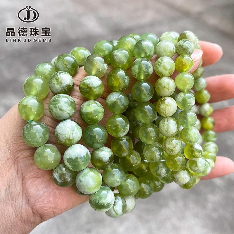 晶德珠宝 7A天然青提奶盖岫玉手链飘花玉石圆珠手链礼物饰品