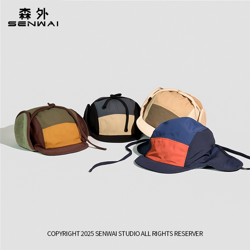 秋冬美式复古摇粒绒雷锋帽子男女撞色个性街头百搭护耳滑雪帽子