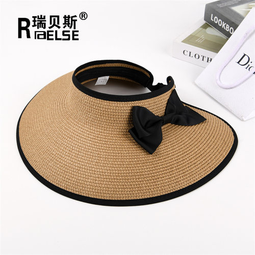 帽子女夏大沿蝴蝶结遮阳帽防晒防紫外线空顶帽可折叠沙滩出游草帽