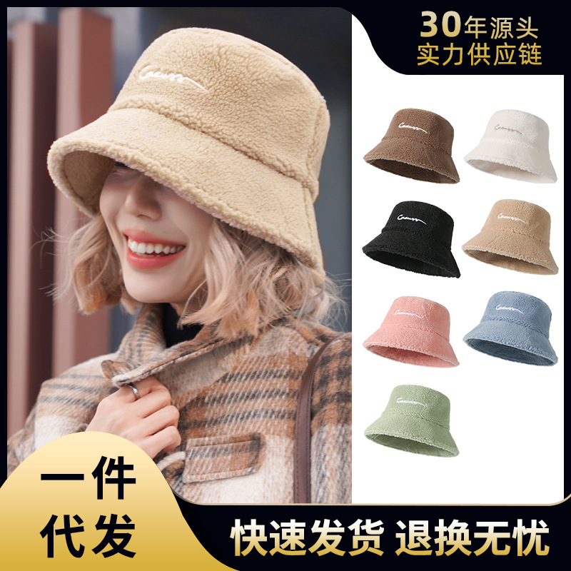 秋冬新款渔夫帽女泰迪绒时尚保暖盆帽大头围显脸小仿羊羔绒帽子