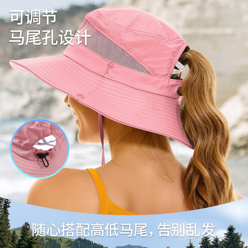 渔夫帽夏季遮阳防晒帽女马尾孔户外帽子太阳帽透气防紫外线登山帽