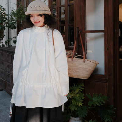 秋冬白色立领木耳边衬衫