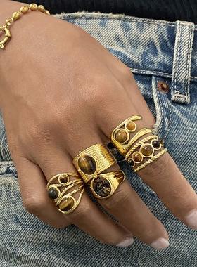 欧美不锈钢虎眼石戒指高级感天然石指环钛钢手饰品rings