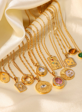 欧美网红同款INS风18K金不锈钢项链复古天然石吊坠项饰锆石项链女