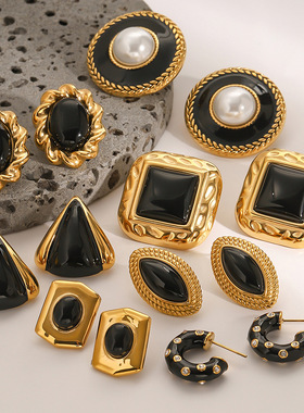 欧美不锈钢黑色耳钉高级感滴油玛瑙耳环钛钢耳饰earrings