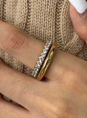 欧美不锈钢镶钻叠戴素圈戒指高级感ins指环钛钢饰品rings