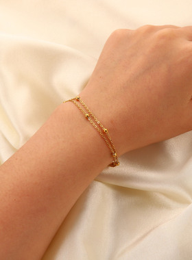 INS风精致18K金珠链手链 PVD电镀钛钢珠宝防水双层链式手链饰品女