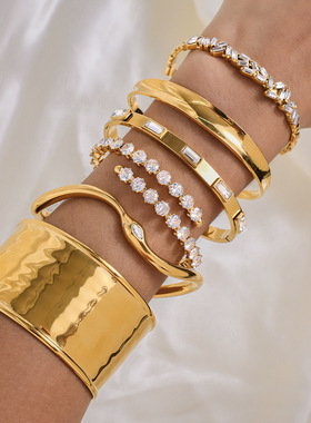 欧美不锈钢锆石手镯轻奢高级感开口镯子不掉色钛钢手饰品