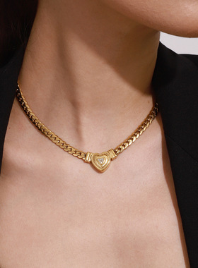 欧美不锈钢爱心项链高级感镶钻锁骨链钛钢项饰品necklace