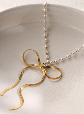 ins风18k金不锈钢仿施家珍蝴蝶结项链独立站热销高级感蝴蝶项饰