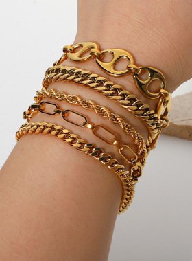 INS风首饰套装迈阿密古巴链手链手镯扁蛇叠戴18K镀金不锈钢手链女
