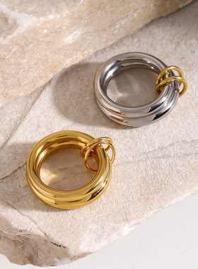 18k金不锈钢金属光面两件套戒指热销ins风钛钢简约戒指