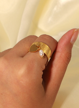 几何独立型包装INS网红同款戒指18K金不锈钢爱心形珍珠吊坠开口戒