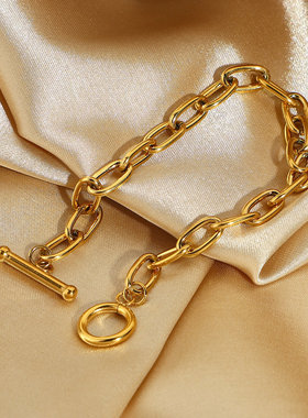 欧美时尚经典金色手链回形针手链OT套圈镀金不锈钢椭圆形链手链女