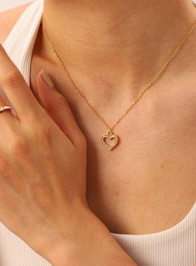 新款18K金真空电镀心形项链 不锈钢透明锆石空心心形吊坠项链女式