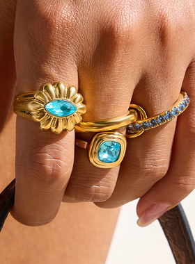 欧美蓝色锆石戒指钛钢不掉色轻奢高级感指环爆款饰品