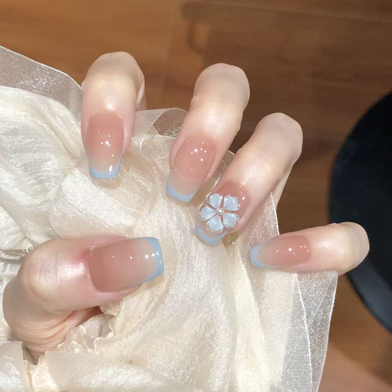 喵公子【冰蓝浅花】纯手工穿戴甲短款可拆卸美甲光疗甲