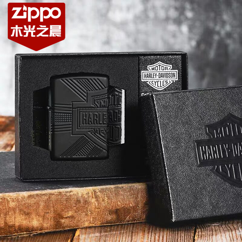 正版Zippo火机美国20年新款黑色盔甲三面哈雷盾牌标志收藏版49176