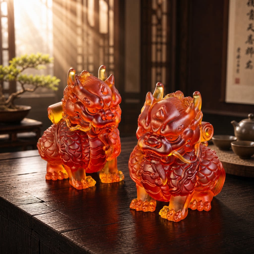 古法琉璃火麒麟摆件茶宠中式礼品